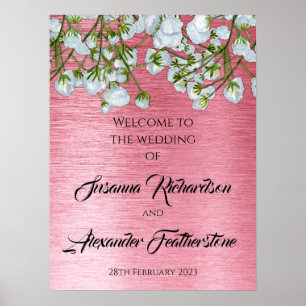 Póster Bienvenida a Boda de rosas blancas y rosadas metál