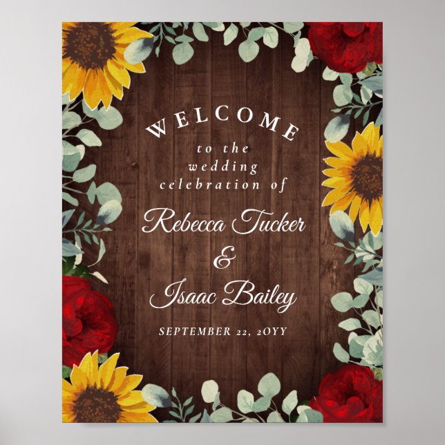 Póster Bienvenida a Boda de Rosas Rojas de girasoles ruso (Frente)