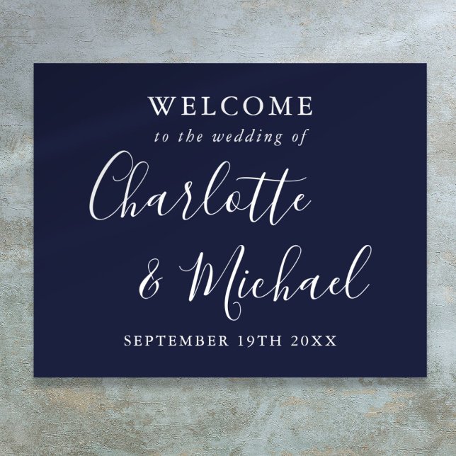 Póster Bienvenida a Boda de script de firma azul de Marin (Navy Blue Signature Script Wedding Welcome Poster)
