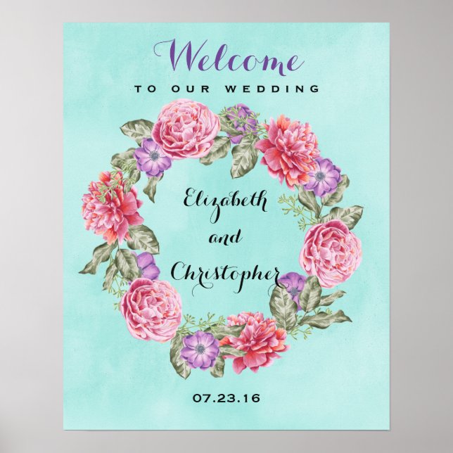 Póster Bienvenida a Boda de Wreath Floral de acuarela (Frente)