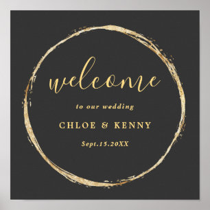 Póster Bienvenida a Boda del Círculo Gris y Oro Rústico d