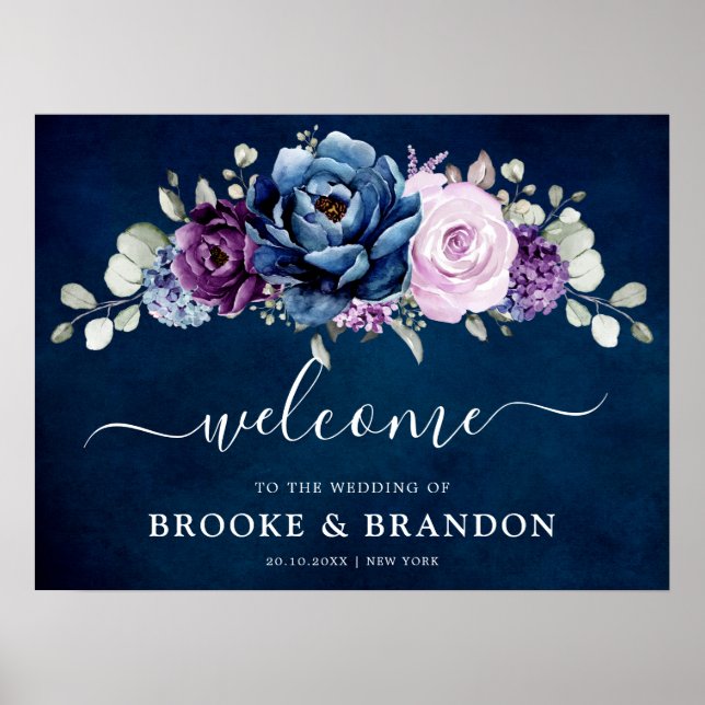 Póster Bienvenida a Boda Dusty Blue Purple Navy Lilac Blo (Frente)