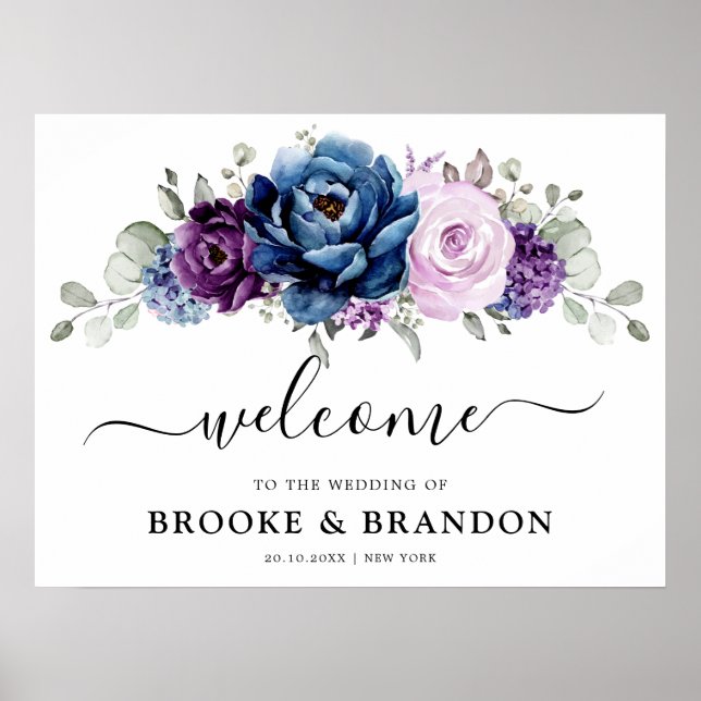 Póster Bienvenida a Boda Dusty Blue Purple Navy Lilac Blo (Frente)
