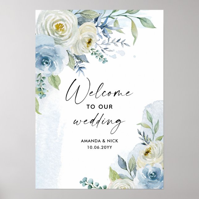 Póster Bienvenida a Boda Floral Azul y Blanca (Frente)
