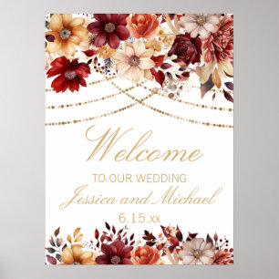 Póster Bienvenida a Boda floral crema Naranja quemada en 