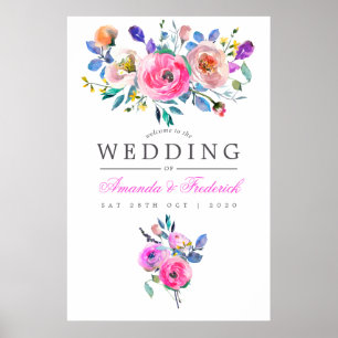 Póster Bienvenida a Boda Floral de acuarela de color rosa