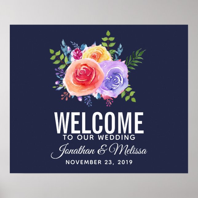 Póster Bienvenida a Boda Floral de acuarela de Rosas colo (Frente)