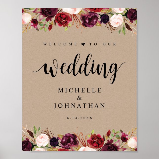 Póster Bienvenida a Boda floral de Kraft Burgundy (Frente)