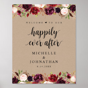 Póster Bienvenida a Boda floral de Kraft Burgundy