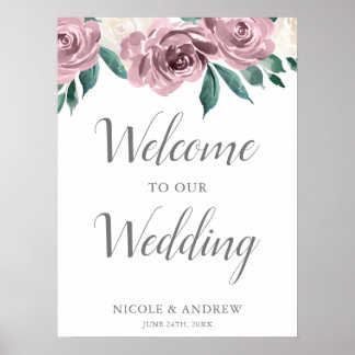 Póster Bienvenida a Boda Floral de Mauve Watercolor Rosas
