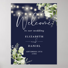 Póster Bienvenida a Boda Floral de Navy Blue String Luces