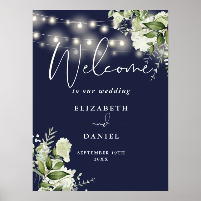 Póster Bienvenida a Boda Floral de Navy Blue String Luces (Frente)