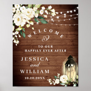 Póster Bienvenida a Boda Floral de Rosas de Madera Rústic