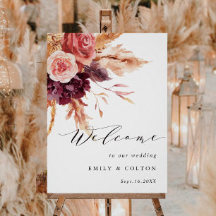 Póster Bienvenida a Boda floral de Terracota Borgoña Rúst