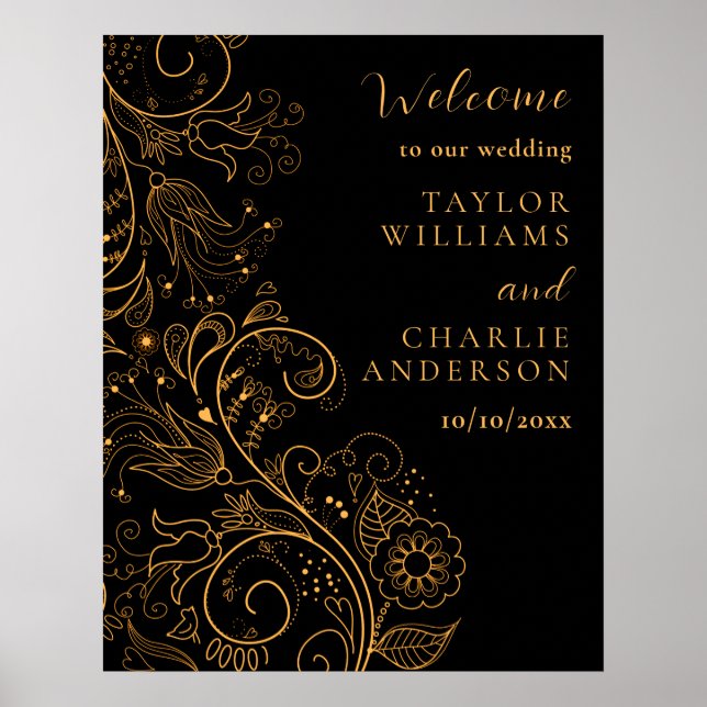 Póster Bienvenida a Boda floral elegante dorado y negro (Frente)