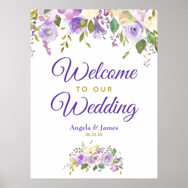 Póster Bienvenida a Boda Floral Purple Gold Watercolor (Frente)