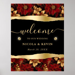 Póster Bienvenida a Boda Floral Red Black and Gold Marble