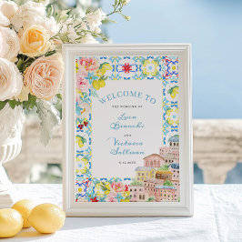 Póster Bienvenida a Boda italiano con azulejos azules de