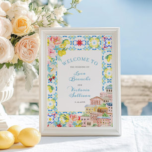 Póster Bienvenida a Boda italiano con azulejos azules de 