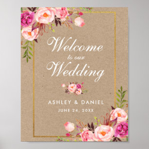 Póster Bienvenida a Boda Kraft Watercolor Floral Oro Rosa