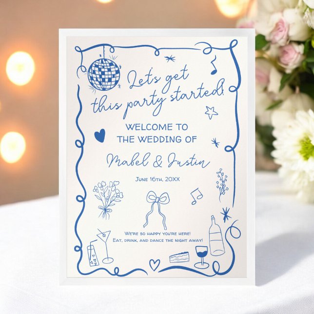 Póster Bienvenida a Boda lúdica y divertida en francés (Quirky French Illustrated fun Wedding Welcome Poster)