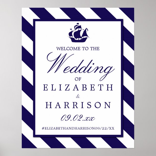 Póster Bienvenida a Boda Nautical Stripes & Navy Blue Shi (Frente)