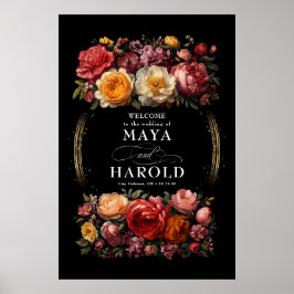 Póster Bienvenida a Boda negro floral botánica Moody