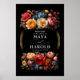 Póster Bienvenida a Boda negro floral botánica Moody