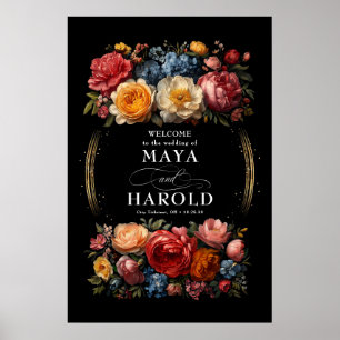 Póster Bienvenida a Boda negro floral botánica Moody