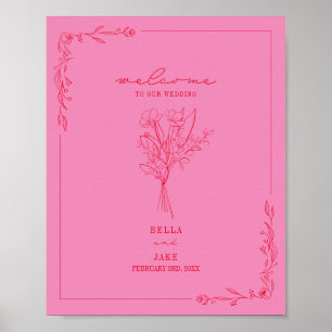 Póster Bienvenida a Boda rojo rosa de la línea Bouquet Ar