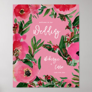 Póster Bienvenida a Boda rosa de color anemónico