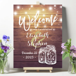 Póster Bienvenida a Boda Rústico Wood Mason Jar String Li