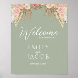 Póster Bienvenida a Boda Sage Green Boho Floral Whimsical