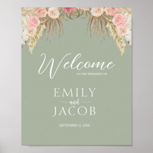 Póster Bienvenida a Boda Sage Green Boho Floral Whimsical