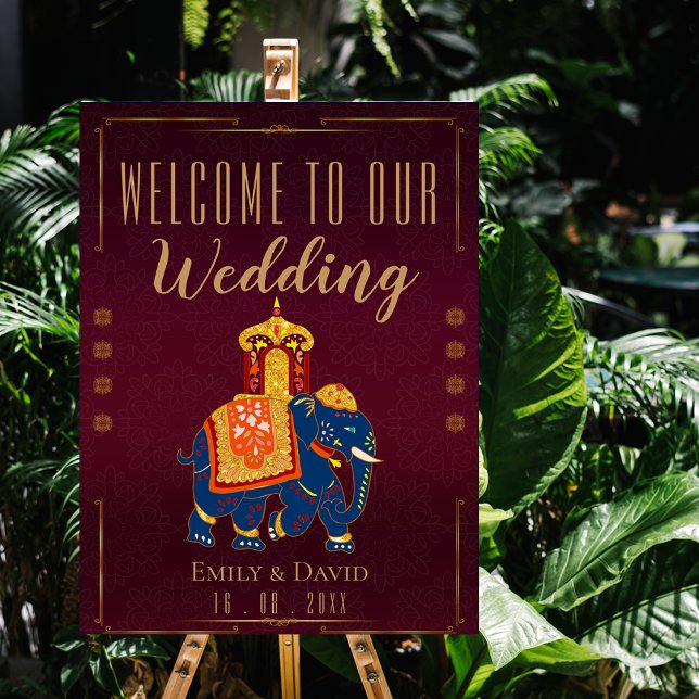 Póster Bienvenida a Boda tradicional indio de oro rojo (Red Gold Traditional Indian Wedding Welcome Poster)