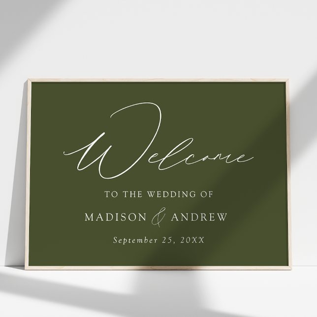 Póster Bienvenida a Boda verde oliva con escritura elegan (Subido por el creador)