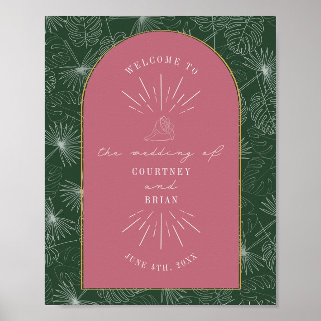 Póster Bienvenida a Boda verde rosa de las hojas de palmi (Frente)