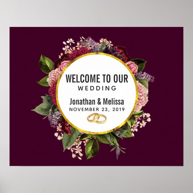 Póster Bienvenida a Bodas de Florencia Rosa y Borgoña (Frente)