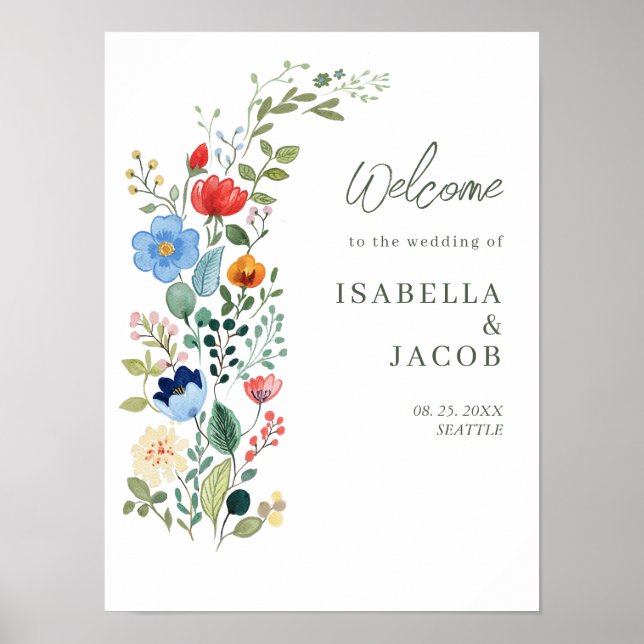 Póster Bienvenida a Bodas de Jardín Rústico con Flores Si (Frente)