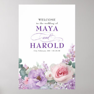 Póster Bienvenida a Bodas fragueros, morados y rosados