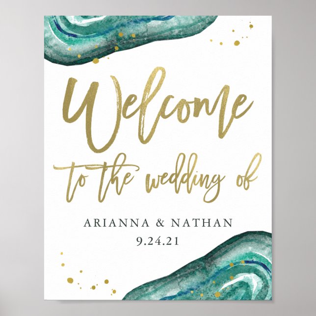 Póster Bienvenida a Bodas verde azulados Geode y Gold (Frente)