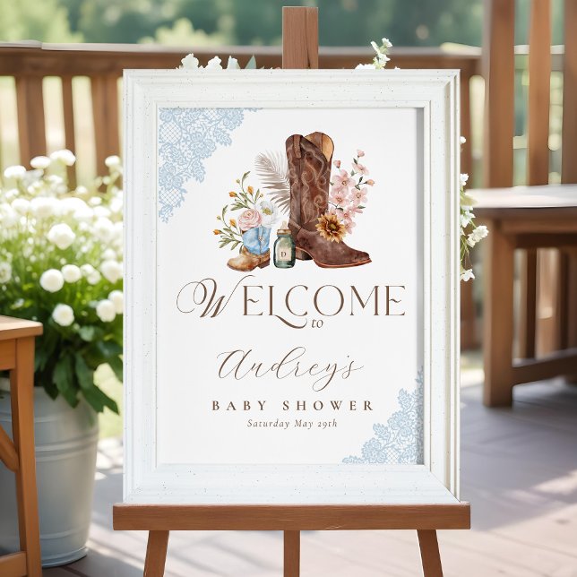Póster Bienvenida a Boho Floral Western Blue Cowboy Boot (Boho Floral Western Blue Cowboy Boot Welcome Poster)