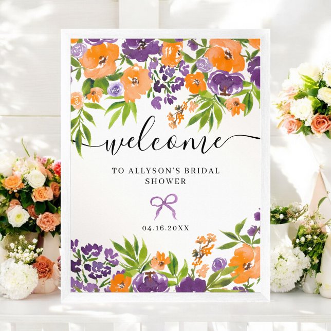 Póster Bienvenida a Boho Naranja Purple Floral Bridal (Boho Purple Orange Floral Bridal Welcome Poster)