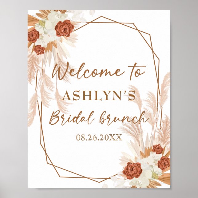 Póster Bienvenida a Boho Pampas Grass Elegant Bridal Brun (Frente)
