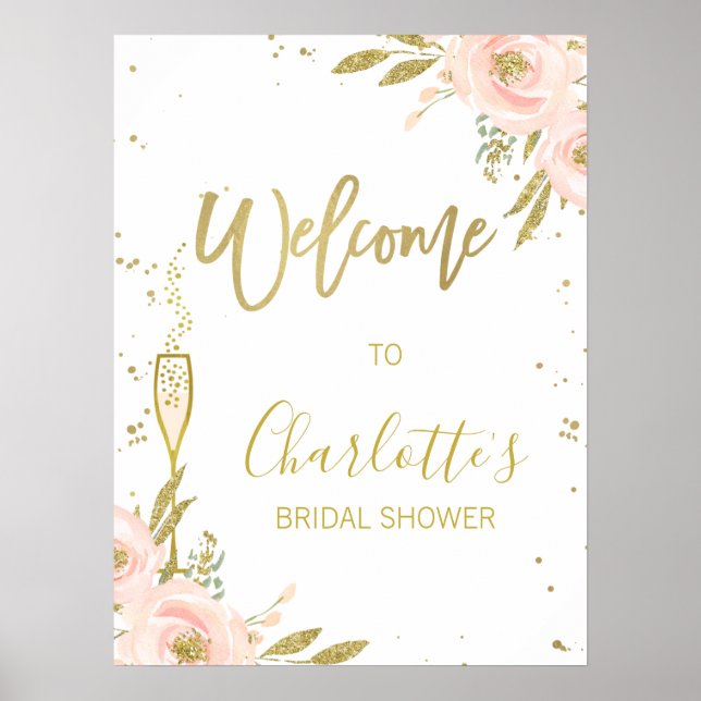 Póster Bienvenida a Brunch Floral de Rosa y Oro para Desp (Frente)