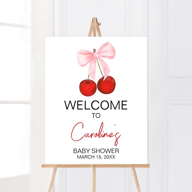 Póster Bienvenida a Cherry en Baby Shower Top (Cherry on Top Pink Bow Baby Shower Welcome Sign)