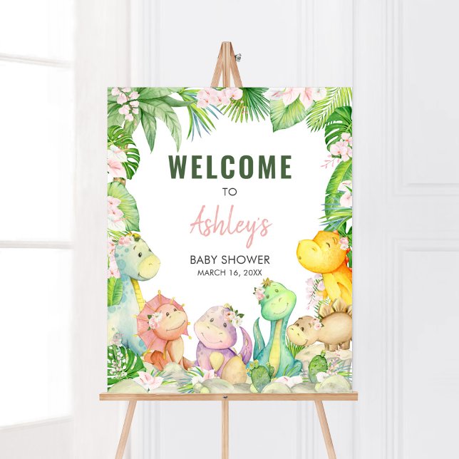 Póster Bienvenida a Chica Floral Dinosaur Baby Shower (Greenery Dinosaur Baby Shower Welcome Sign)