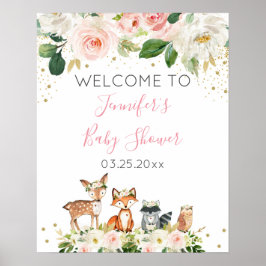 Póster Bienvenida a chica Woodland Baby Shower Rubor Flor