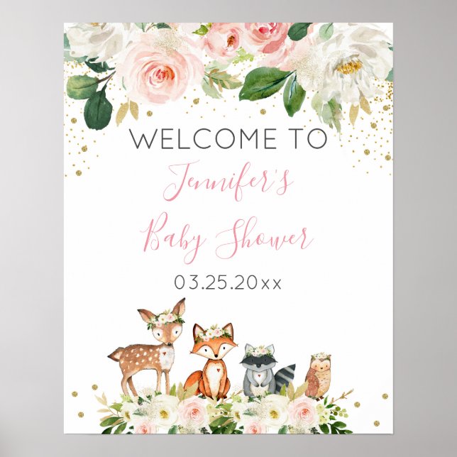 Póster Bienvenida a chica Woodland Baby Shower Rubor Flor (Frente)