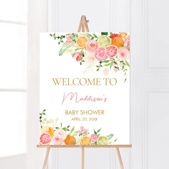 Póster Bienvenida a Citrus Naranja Floral Rosa (Girl Lemon Baby Shower Welcome Sign)